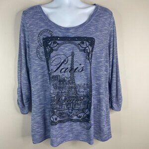 Style & Co Paris Eiffel Tower Print Top Womens XLarge Studded Ruched 3/4 Sleeve